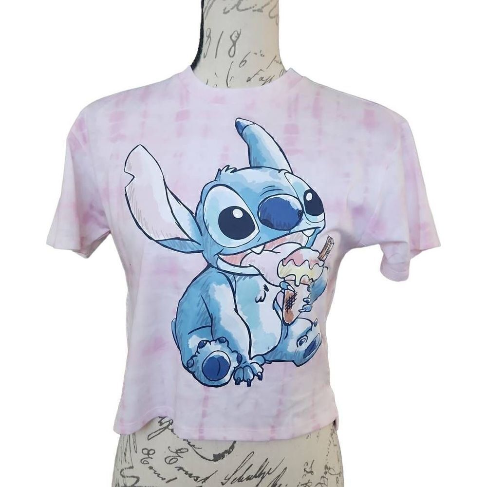 Disney Women's Size Small Pink Tie-Dye Blue Stitch Graphic Skimming T-shirt